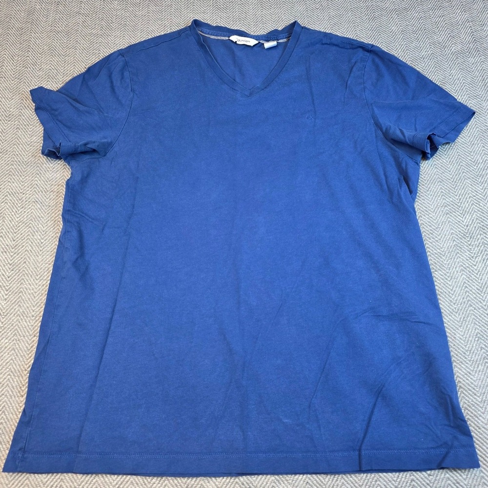 Calvin Klein Mens V-Neck Short Sleeve T-Shirt Blue Logo Cotton Blend Medium